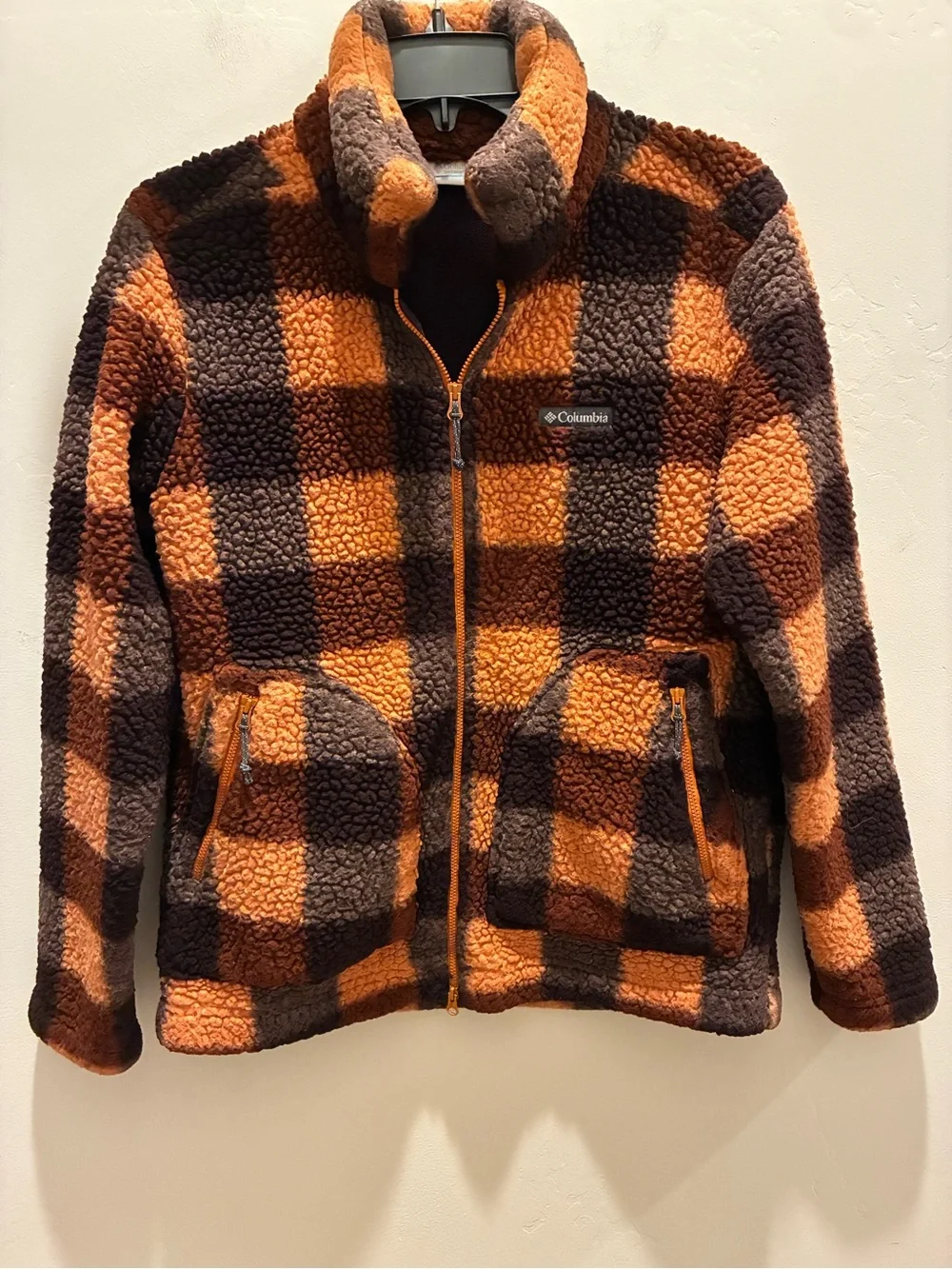Columbia women’s Orange and Brown Plaid Sherpa Jacket